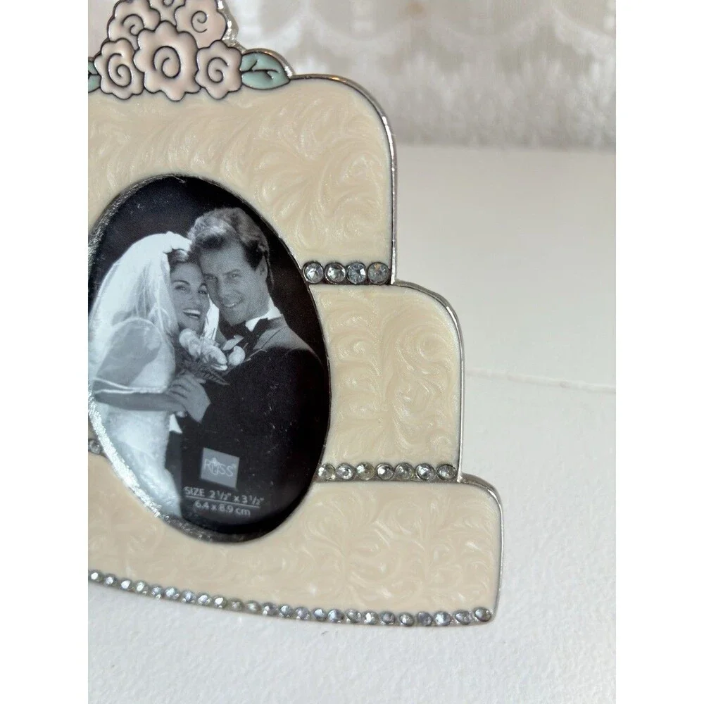 Russ Wedding Cake Frame | Vintage Wedding Gift Rhinestone Metal Couple Bouquet